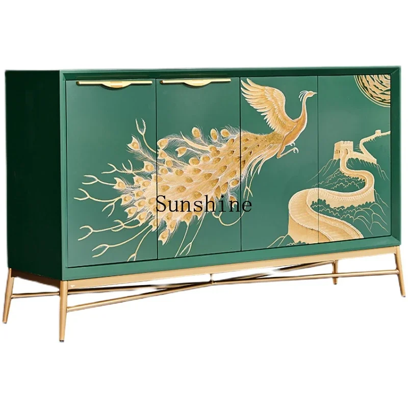

New Chinese retro emerald dining side cabinet painted peacock entrance storage cabinet