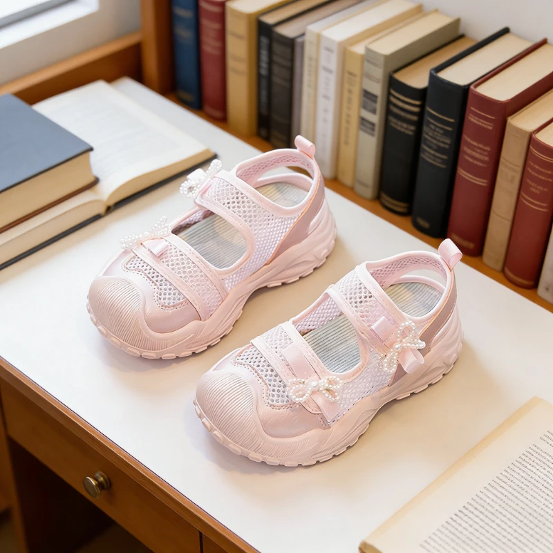 

Детские сетчатые сандалии для девочек, летние, нескользящие, с массивной подошвой, с вырезами, модные, дышащие, повседневные, для школы, спортивные