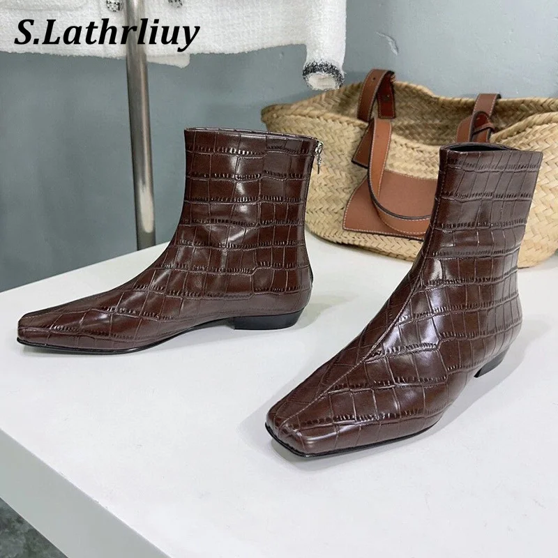 

Fashion Short Boots Autumn Winte Genuine Leather Flat Chelsea Botas Women's Square Toe Solid Color Back Zipper Ankle Botas 2024