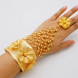 GDJWRI Dubai Wholesale Luxury Gold Color Bangles With Ring For Women Indian Charm Bracelet Jewellery Arabic Wedding Party