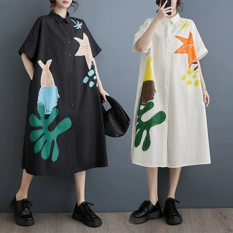 2025 Nowy duży rozmiar Wiosna Lato Koreański luźny nadruk Bluzka Kobiety Dorywczo Krótki rękaw Długi kardigan Koszule Sukienka Kobieca bluzka