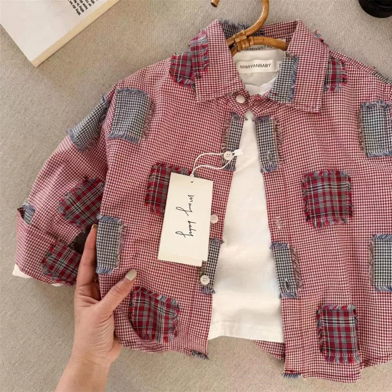 

Children's Long-sleeved Shirt New Style For Autumn 2025 Patchwork With Raw Edges For Boys Personalized Shirt For Girls