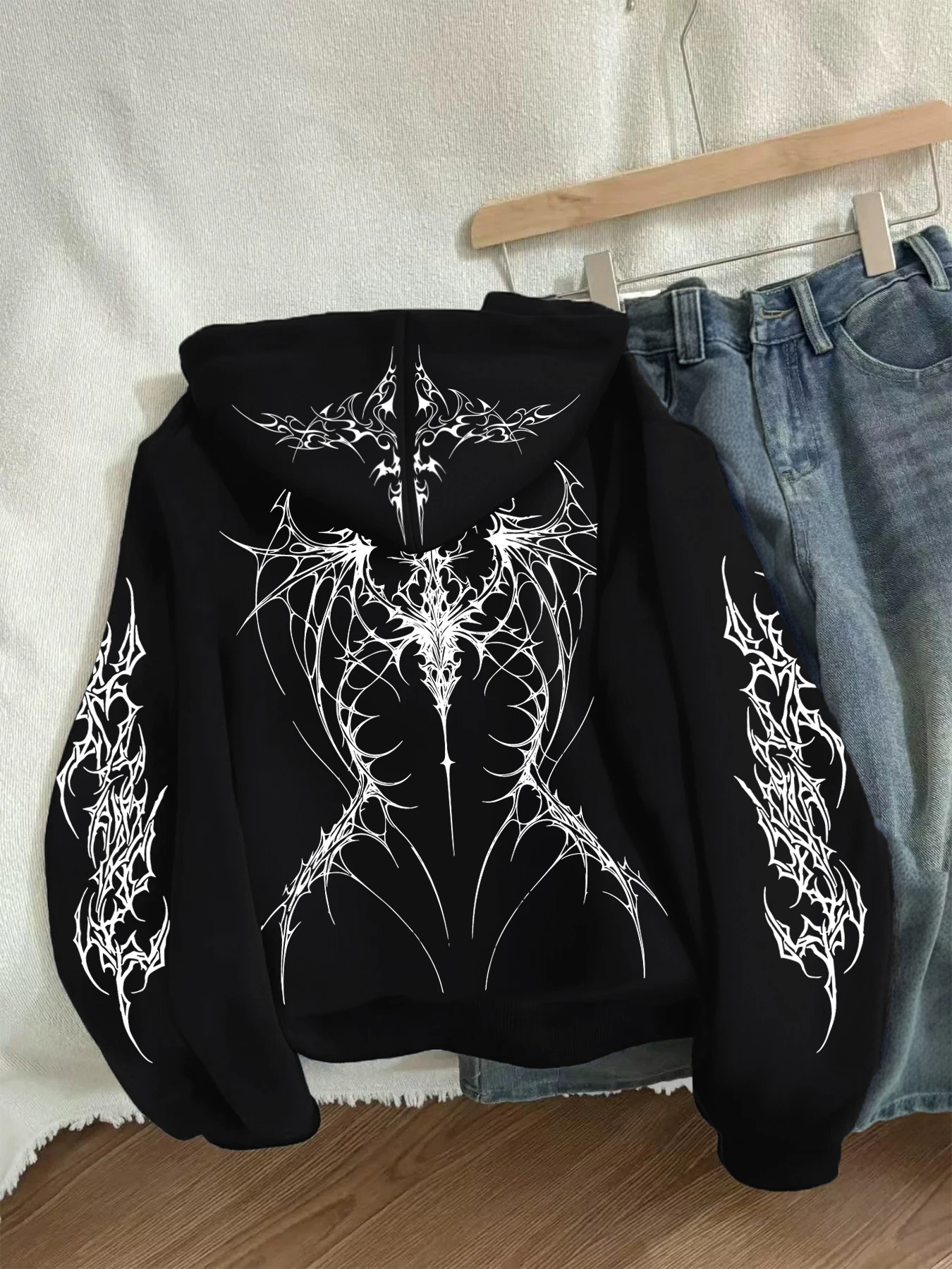 Winter Y2k Gothic print thick heavy velvet black hooded zipper jacket slim temperament women's jacket casual lazy commuter style