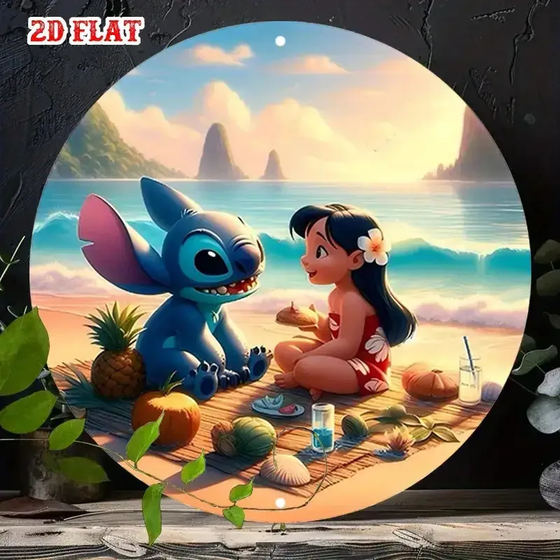 Letrero de metal plano 2D, 1 Disney Stitch y Lilo Beach, arte de pared redondo de aluminio de 7,87x7,87 pulgadas con piña tropical y paraguas Des