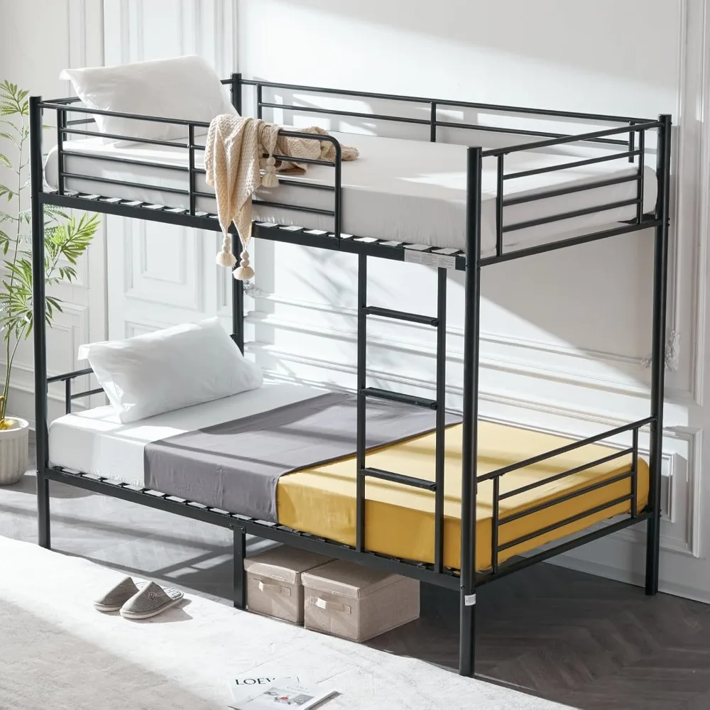 Twin Over Twin Bunk Bed with Stairs & Flat Rungs, Heavy Duty Metal Slats, No Box Spring Needed, Bunk Bed for Kids