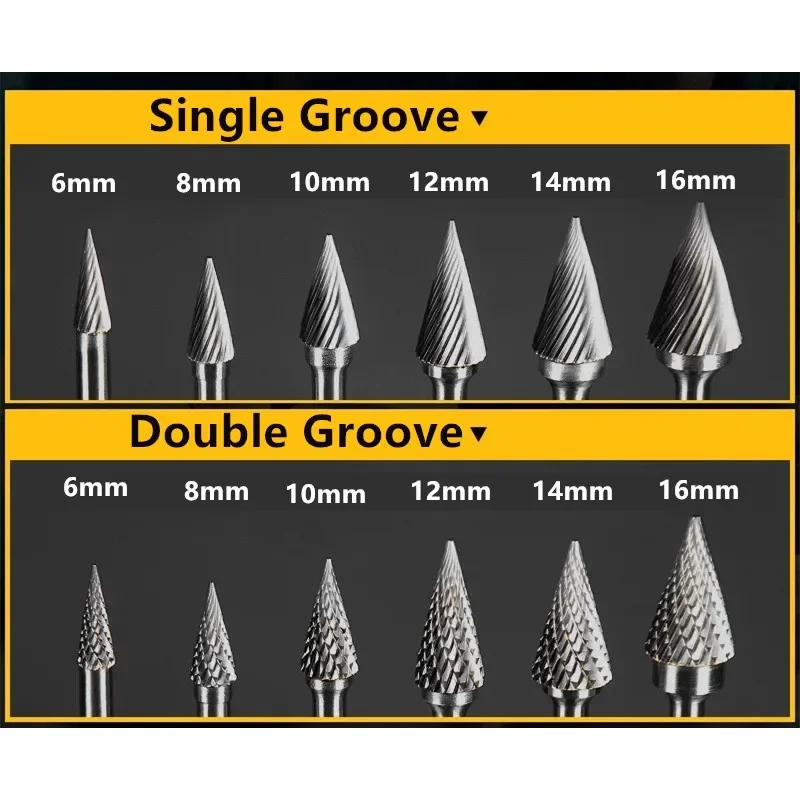 Hard alloy 6mm rotary file, tungsten steel milling cutter, alloy carving drill bit, metal electric grinding head, M conical tip