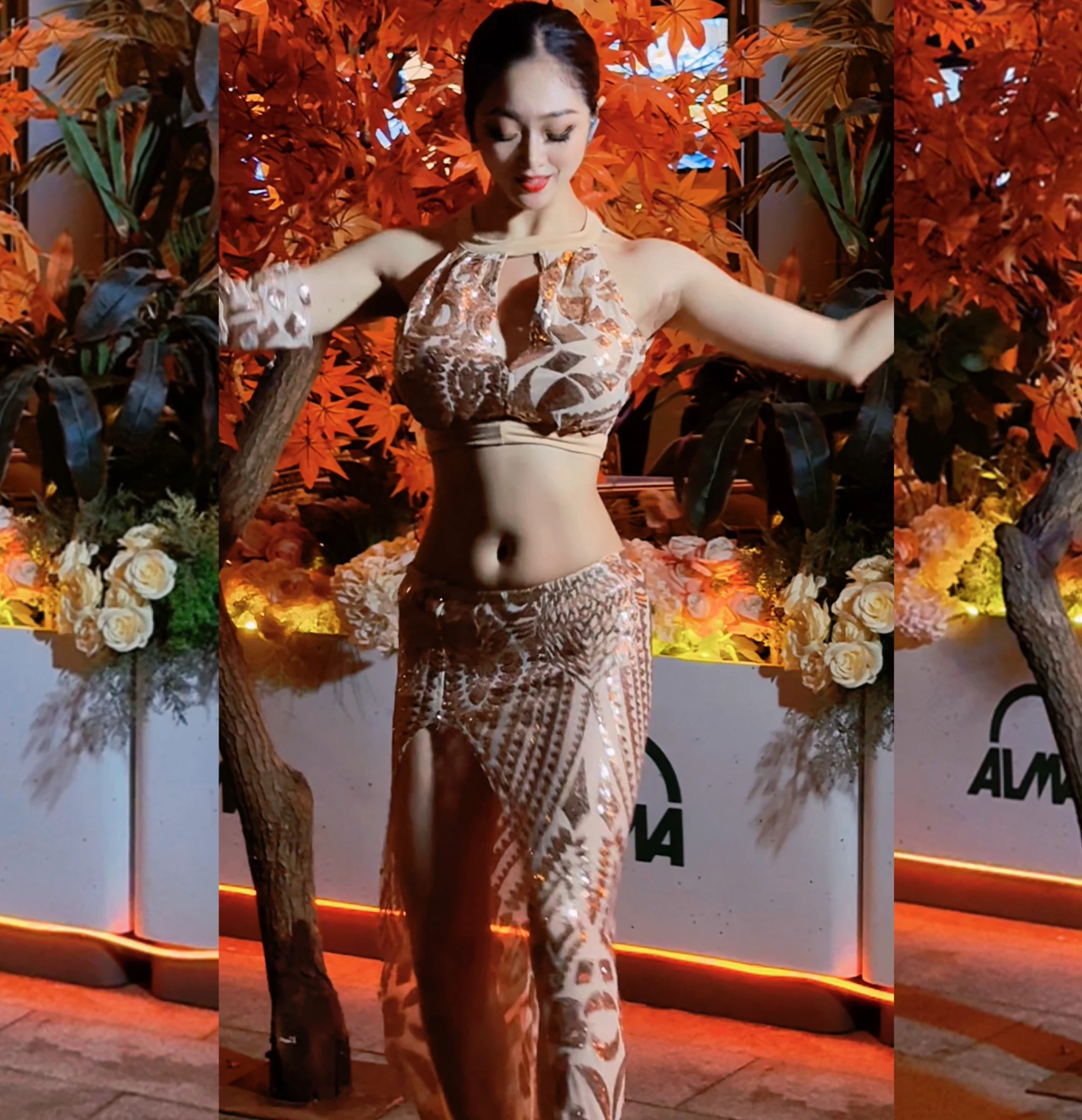 Costume da competizione di danza del ventre per donna Top senza schienale con paillettes di fascia alta + gonna lunga divisa 2 pezzi Set di performance di danza del ventre per adulti