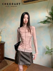 CHEERART Designer Mesh Long Sleeve Top Woman 2024 Turtleneck T Shirts Nude See Through Top Fashion Tees Clothes