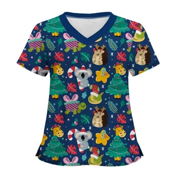 Kadın Cerrahi Scrubs Sevimli Hayvan Baskı Rahat Yama Cep Üstleri Moda V Yaka Kısa Kollu Veteriner Medico hemşire üniforması Kadın