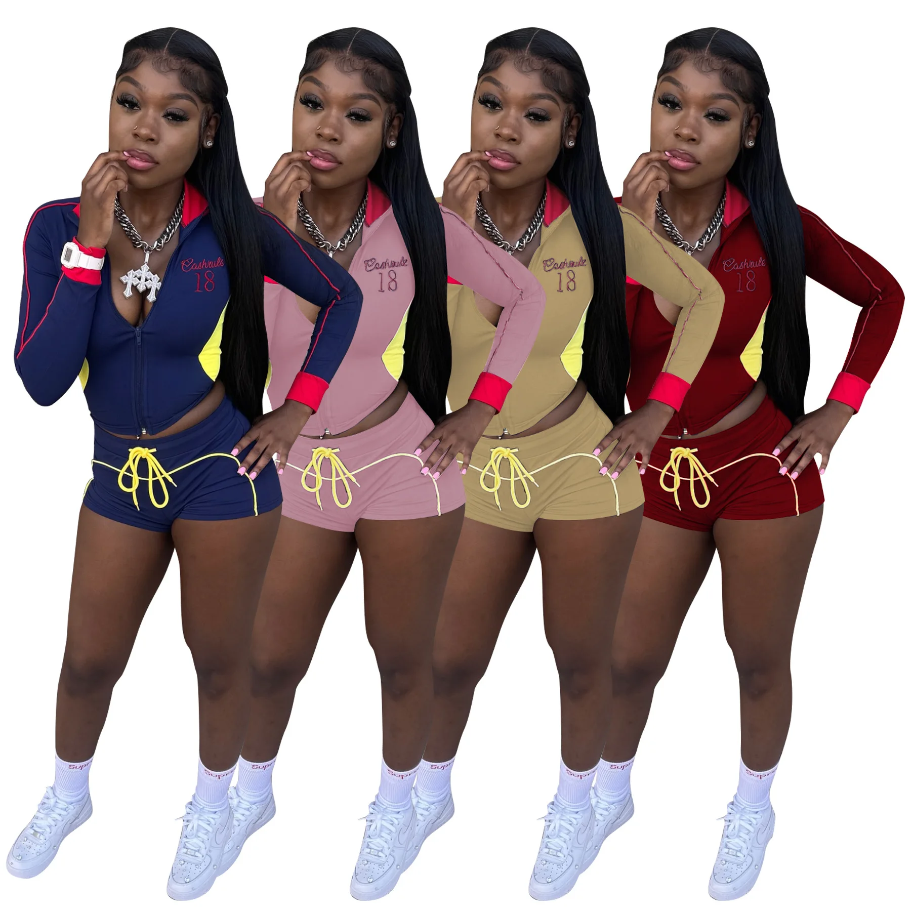 

Women Shorts Set Autumn Embroidered Contrast Color Stretch Jacket And Shorts Casual Two Piece Set Women Jogger Tracksuit Set