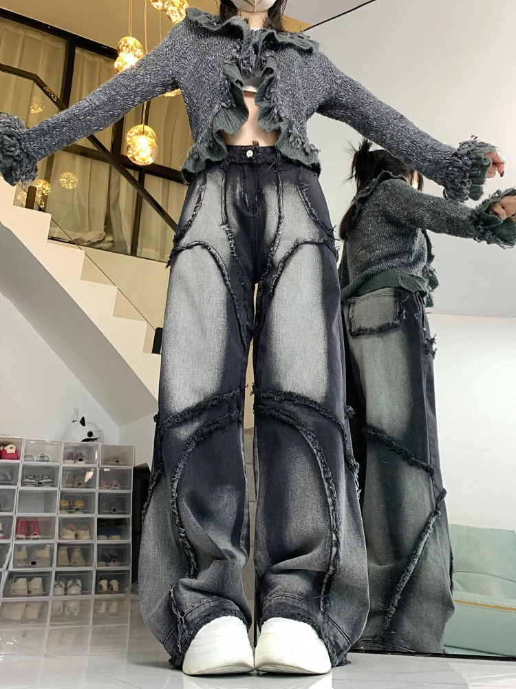 Deeptown Y2k Vintage Jeans Women Wide Leg Pants High Waist Hip-hop Streetwear Black Trouser Retro Baggy Denim Pants Aesthetics