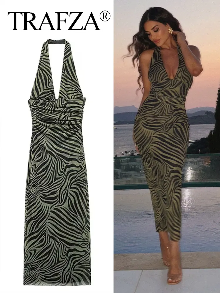 

TRAFZA 2024 New Fashion Female Green Dress V-Neck Sleeveless Backless Print Long Dresses Women's Casual Beach Style Woman Dress