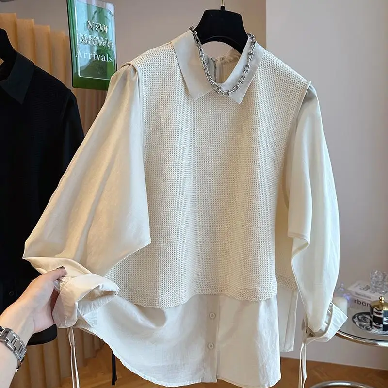 

Loose Casual Patchwork irt Fake Two-Piece Top for Men And Women Youthful Sle ort Sve Autumn Wear Comfortable Fit