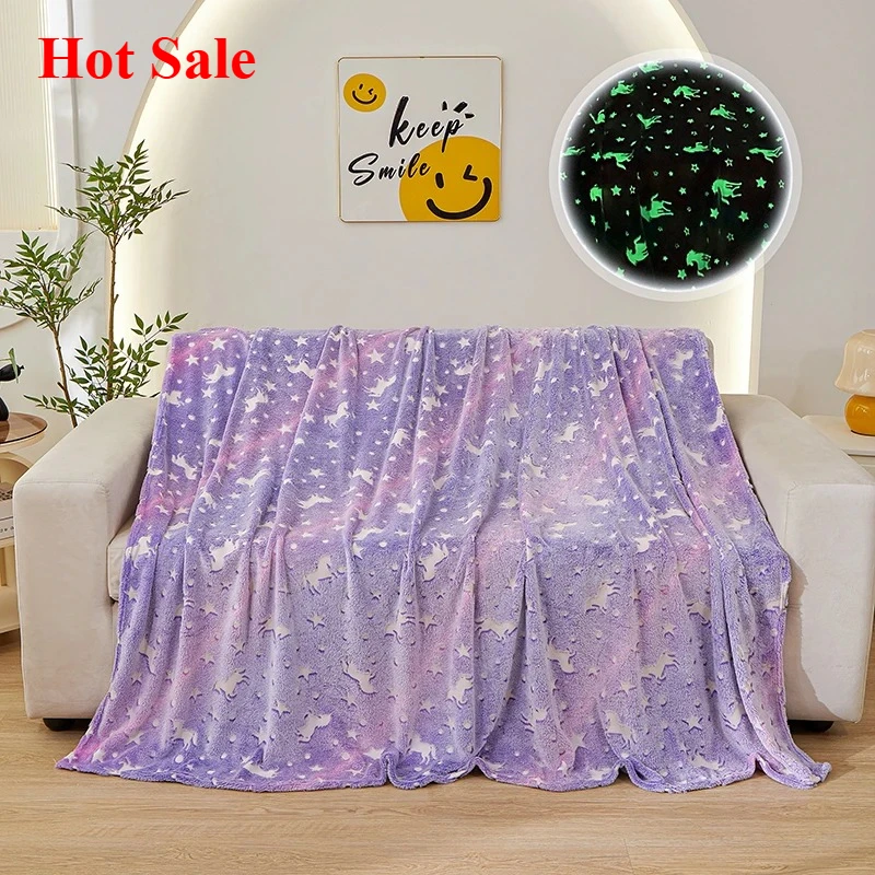

2025 luminous rainbow unicorn pegasus star flannel blanket machine washable printing and dyeing blanket
