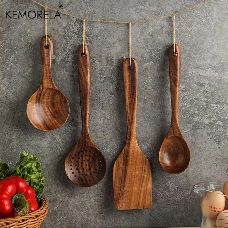 1Pc Thailand Teak Cooking Spoon Natural Wooden Kitchen Tableware Tool Ladle Turner Rice Colander Soup Skimmer Scoop Utensils