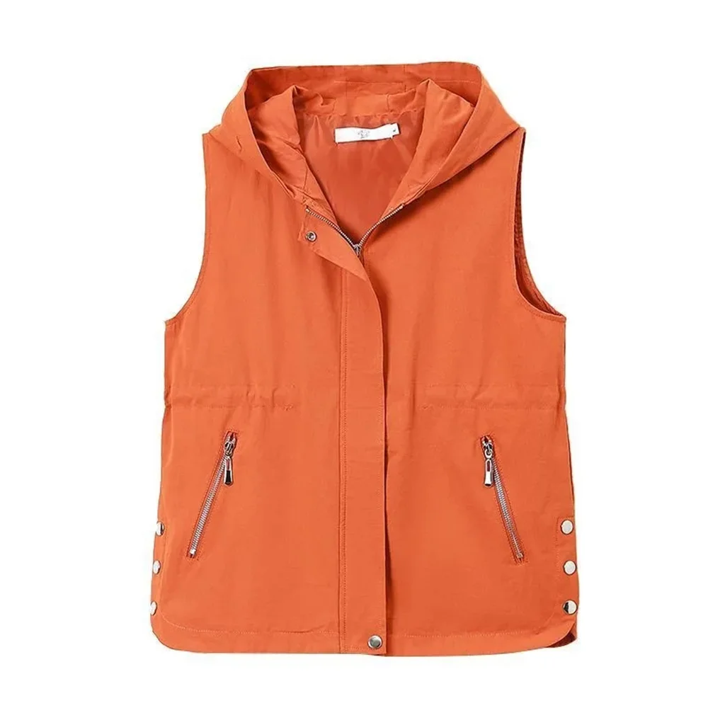 Women\'s Vest 2023 Spring Sleeveless Jacket Mother Clothes Solid Color Hooded Zipper Waistcoat Female Outerwear Casual Tops 4XL