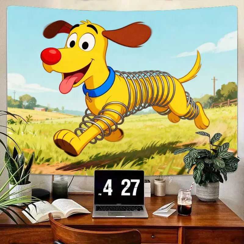 1PC Playful Spring Dog Cartoon Tapestry, Vibrant Polyester Wall Art Kids/Bedroom/Living Room Decor, Funny Dog Lover Gift