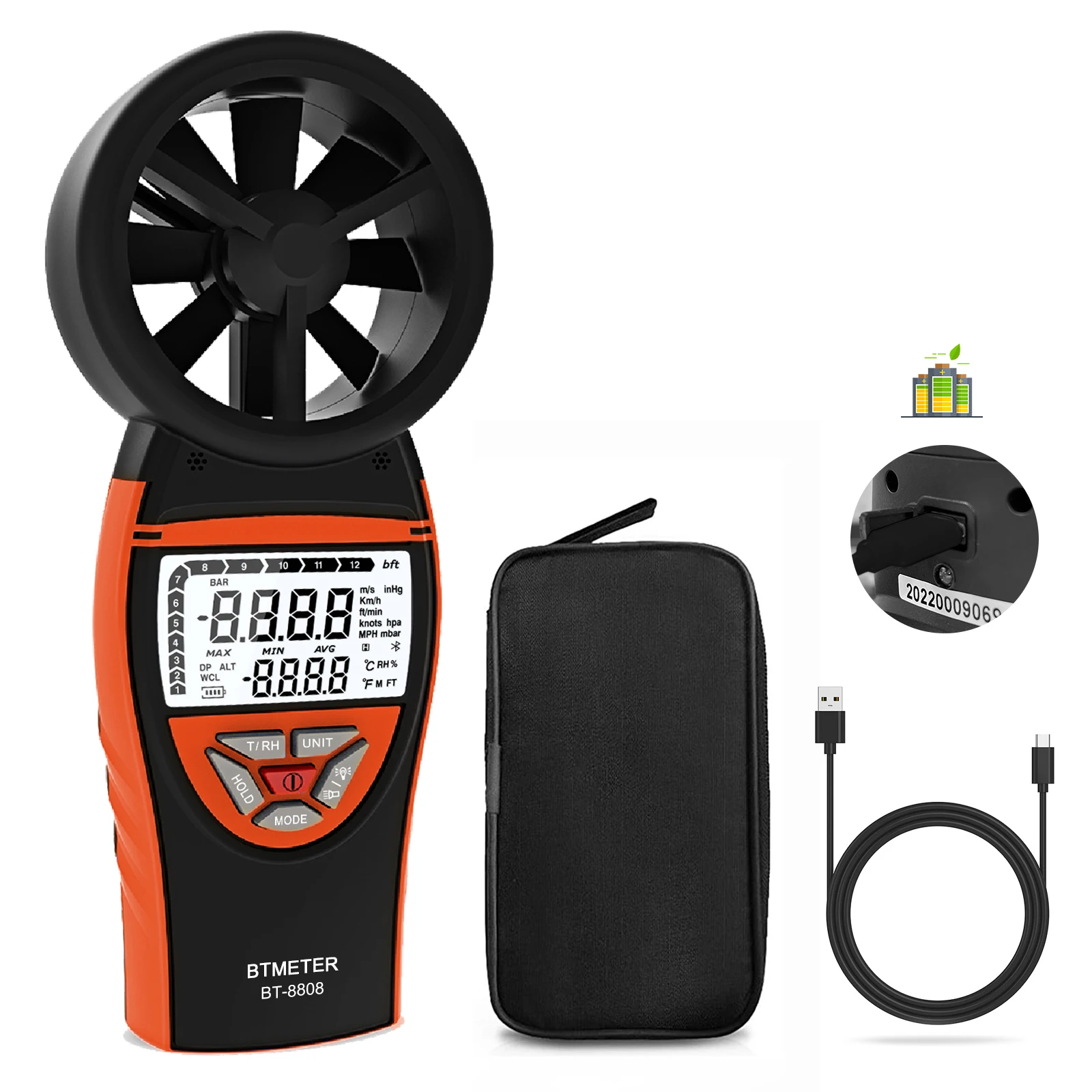 BTMETER BT-8808 Digital Vane Anemometer - Precision Wind Speed Meter - Airflow Measurement Tool - Portable Airflow Detector