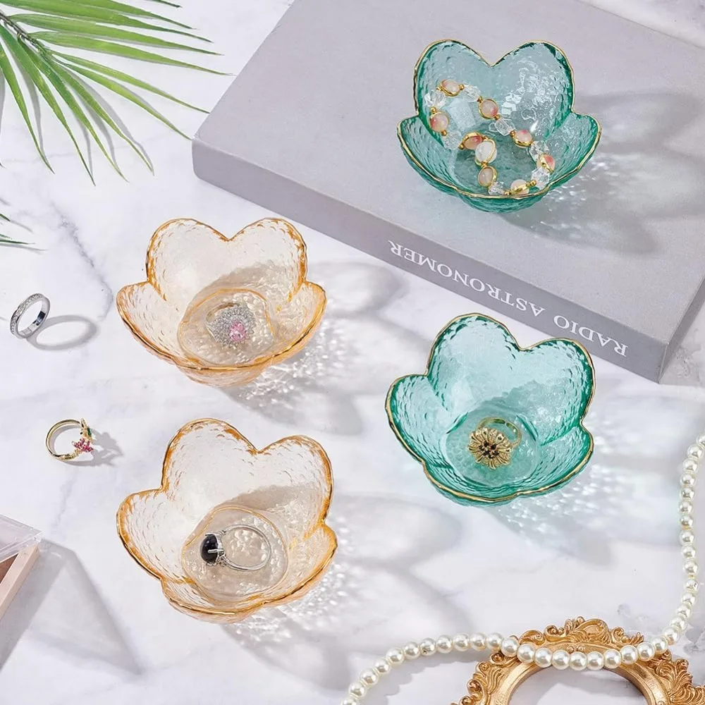 2 pezzi di vetro per gioielli, vassoio per gingilli, 3.48x3.54x1.57 pollici, anello per fiori arancioni, portapiatti, piccola chiave, ciotola in vetro estetico