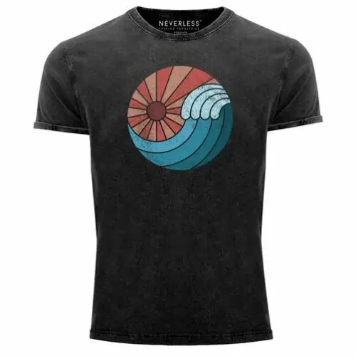 Herren Vintage Shirt Welle Wave Sonne Sommer Retro Printshirt T-Shirt Aufdruck