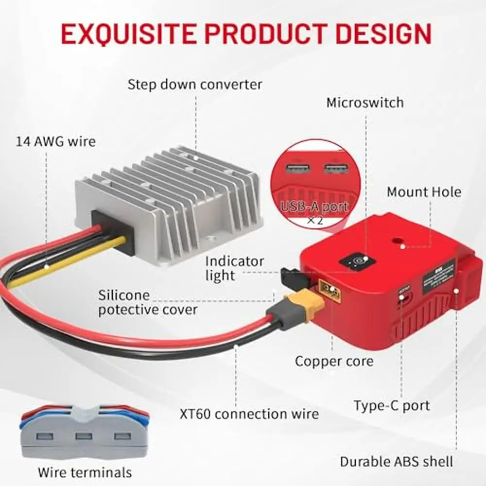 Milwaukee M18 18V to 12V Step Down Converter Adapter USB Charger 20A Resistive Loads Easy Install Robust Safety Fast Charging