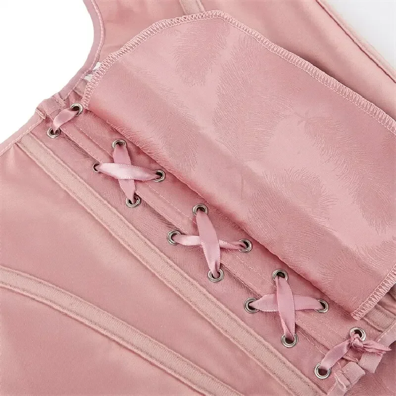 Pink Corset Crop Top Lace-Up Women Summer Vintage Lace Up Camisole Bow Bandage Tank Body Shaper Tops