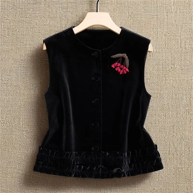 

Autumn Winter Chinese Sle Velvet Women's Jaet Single Button round Ne Svel Vest Golden Velvet Bal Outerwear