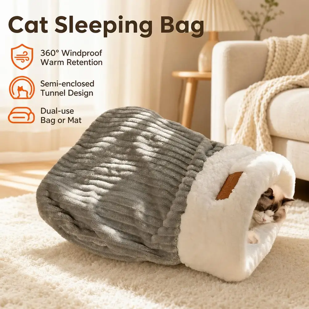 Pet Sleeping Bag Winter Warm Soft Plush Semi Enclosed Cat Nest Sleeping Bag Home Cat and Dog Comfortable Bed Accessories