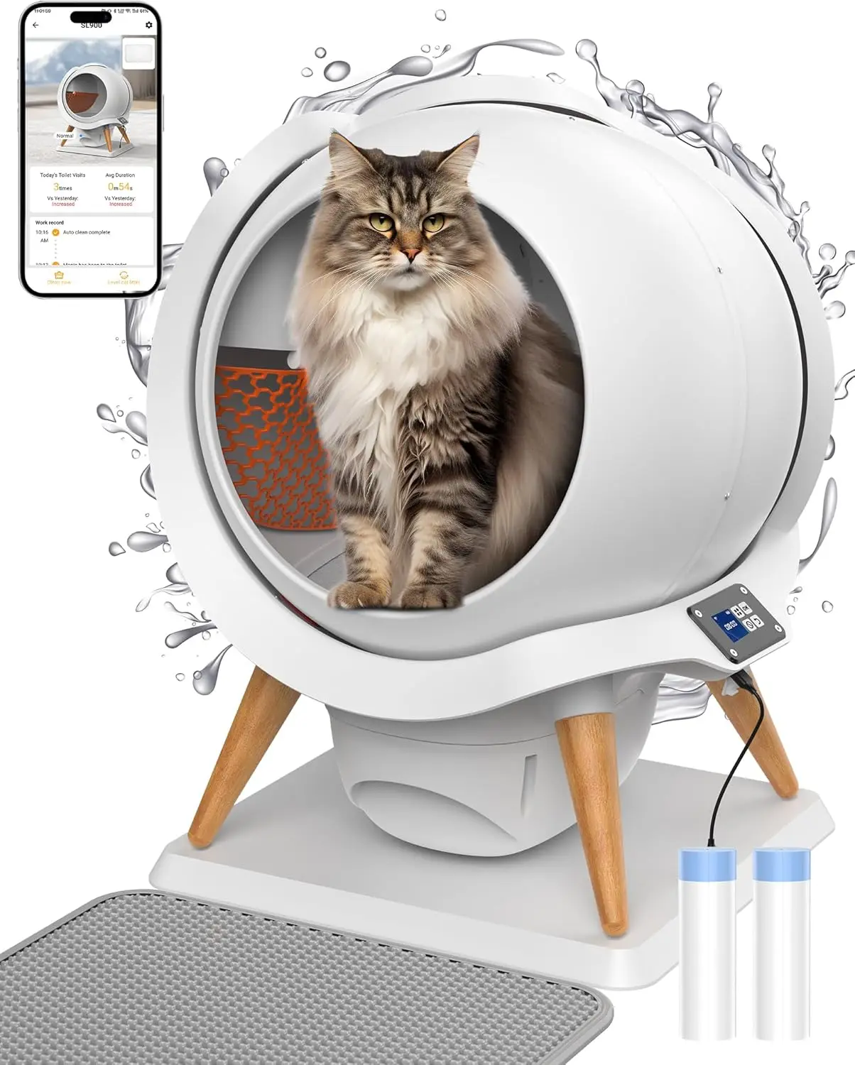 HoneyGuaridan bac à litière autonettoyant pour chat, bac à litière automatique étanche IPX5, contrôle par application, inodore, sécurité intégrée Pr