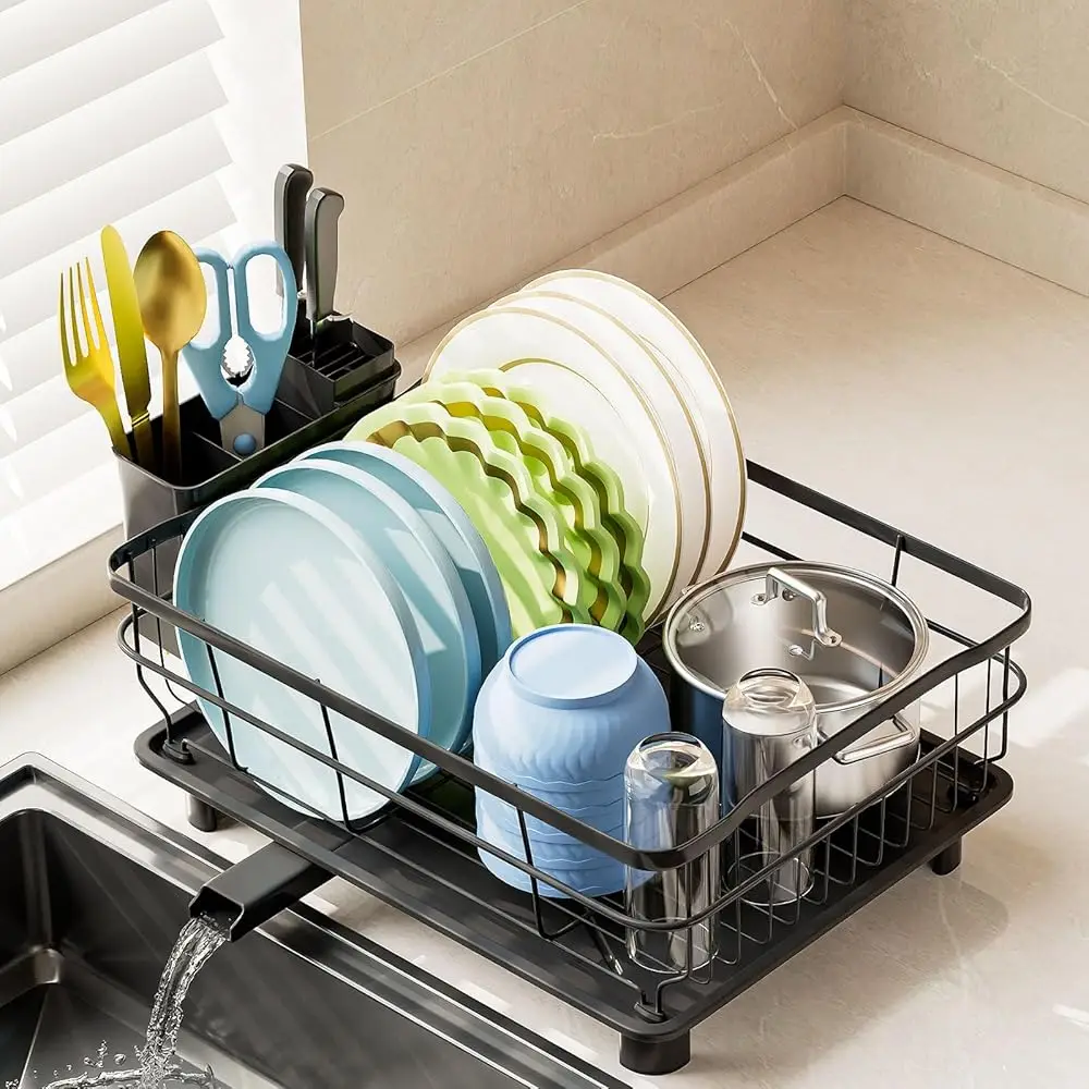 

Free ShippingIron Dish Drying Rack Auto Drain Dish Drainers Kitchen Counter Strainer with Draining Tray, All Black