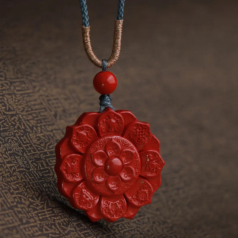 

Certified High Content Cinnabar Ancient Style Lotus Red Jade Plaque Six-Word Mantra Zodiac Year Necklace Pendant