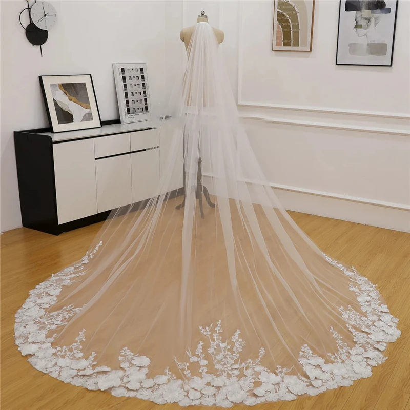 White 3D Flowers Floral Bridal Veils Wedding Accessories With Comb Cathedral Luxury Embroidered Leaves Uniques Tulle 3 4 Metres