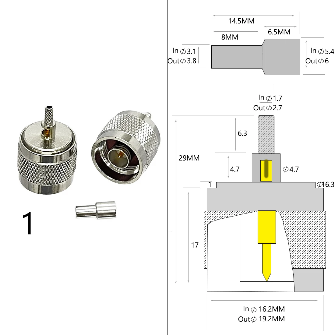 1-4PC N Type Male Female Plug Jack RF Coax Connector Crimp for RG316 RG174 RG58 RG142 Cable Copper Nickelplated With Drawing NEW