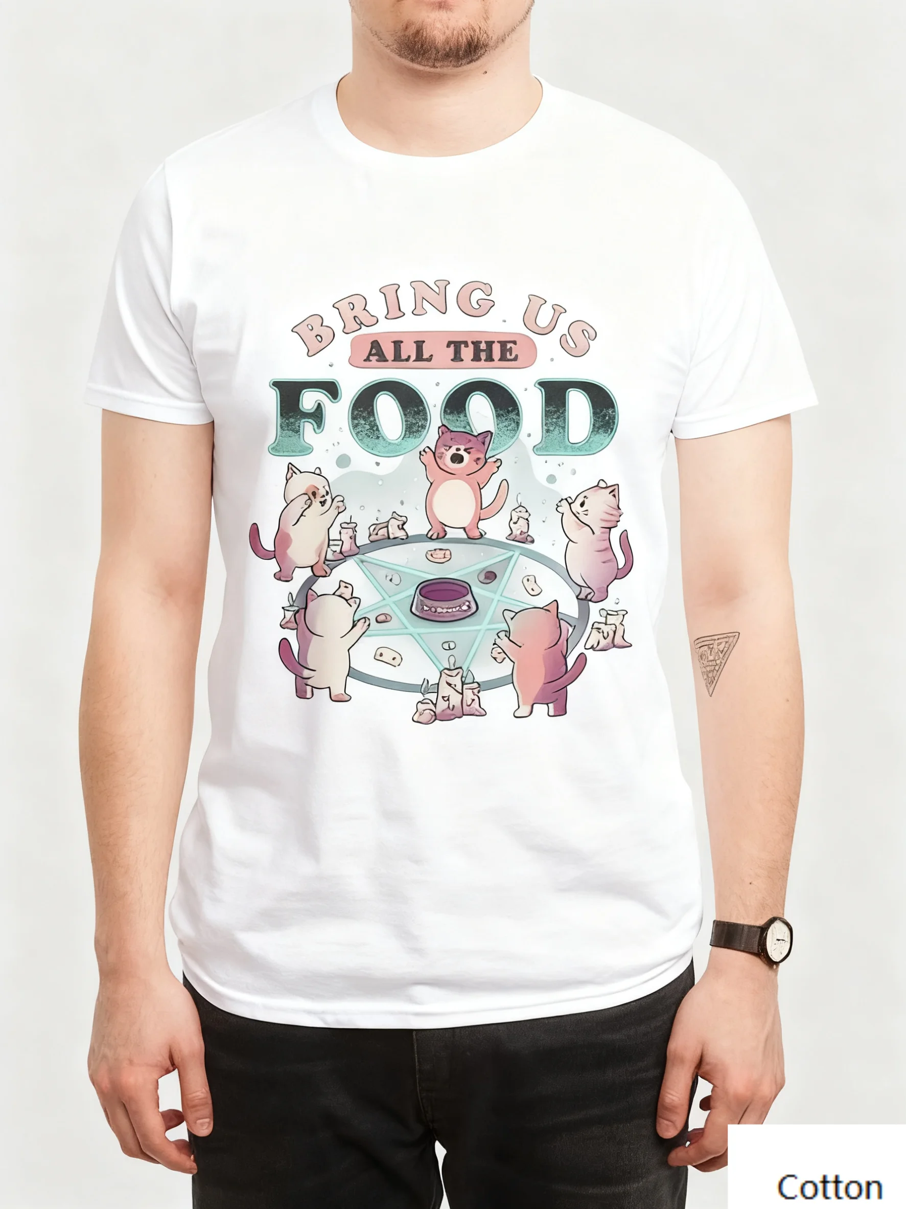 Хлопковая футболка с круглым вырезом Creative Cat «Humorous Food Ritual» с ярким дефектом кошек, пентаграмма