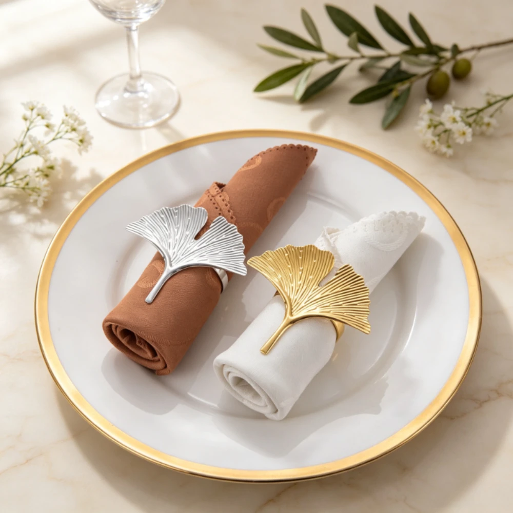 5pcs Ginkgo Leaf Napkin Rings Set Golden Silvery Metal Napkin Holders for Table Setting Elegant Wedding Dinner Party Table Decor