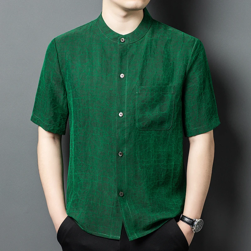 

Gambiered Canton Gauze Green Shirts For Men Premium Tang Costume Summer Quality Skin-Friendly 100% Silk Pocket Camisas De Hombre