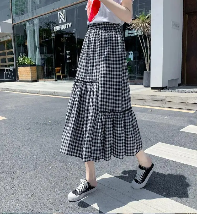 Gonne a pieghe scozzesi vintage estive Jurken Elastico a vita alta Midi Gonna lunga a trapezio Gonna stile preppy Harajuku da donna Skater