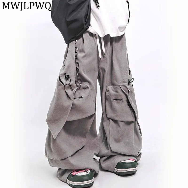 

MWJLPWQ Hip-Hop Multi-Pocket Design MacheteTrousers Male High Street Metal Loose Wide-Leg Floor-Length Casual Pants Trendy 11614