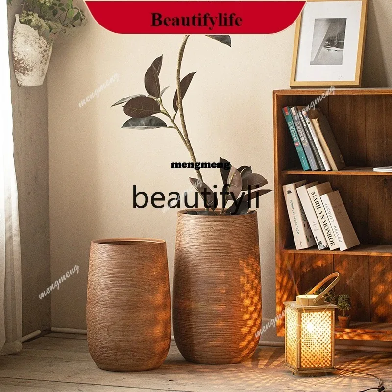Florero grande de piso a techo, adorno retro para el hogar, arreglo floral, escritorio, arte moderno, cerámica beige, luz de lujo, nórdico N