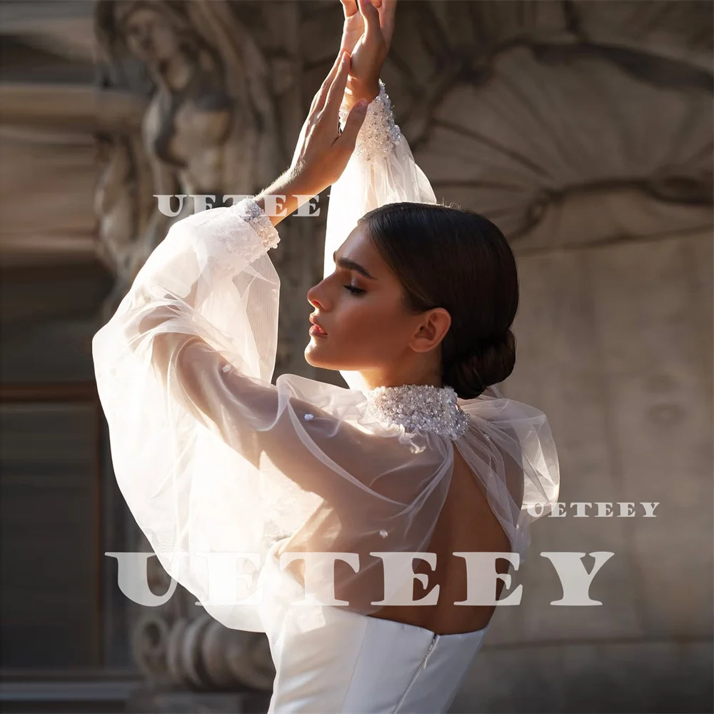 UETEEY personalizado Simple 2 piezas mangas abullonadas crepé sirena vestido de novia para mujer cremallera trasera tren desmontable vestido de novia