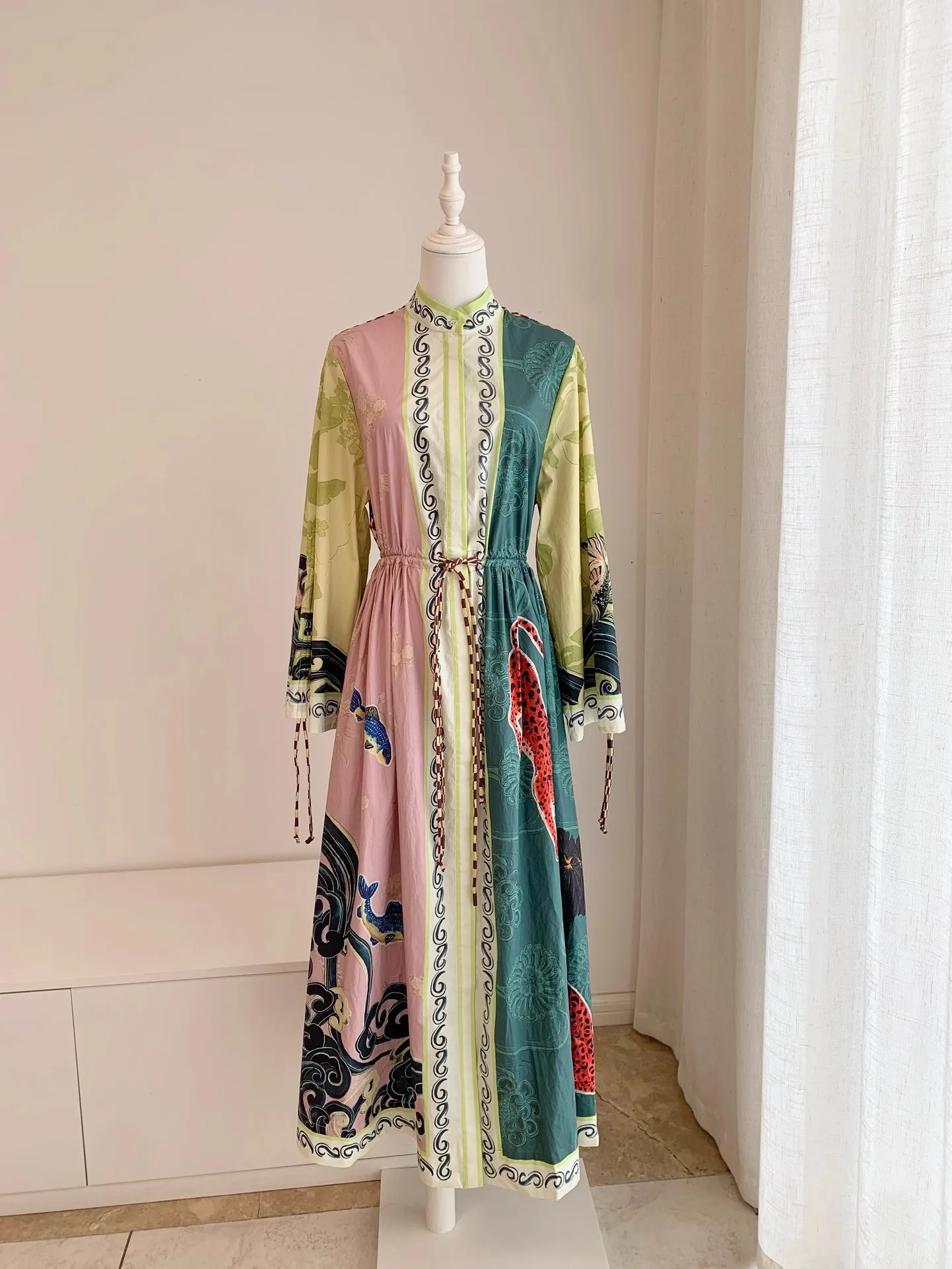 100% 면 드레스, 여성용 고품질 프린트 패션, 드로스트링 패션, 보헤미안 롱 드레스