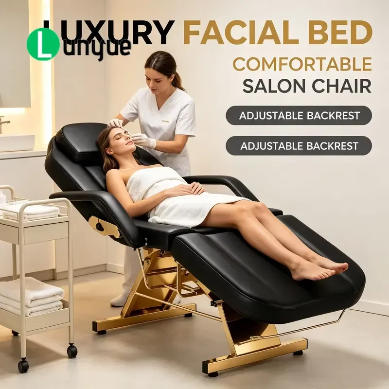 Black Hydraulic Beauty Bed Gold Stainless Steel Base Adjustable Backrest Tattoo Eyelash Massage Chair for Spa