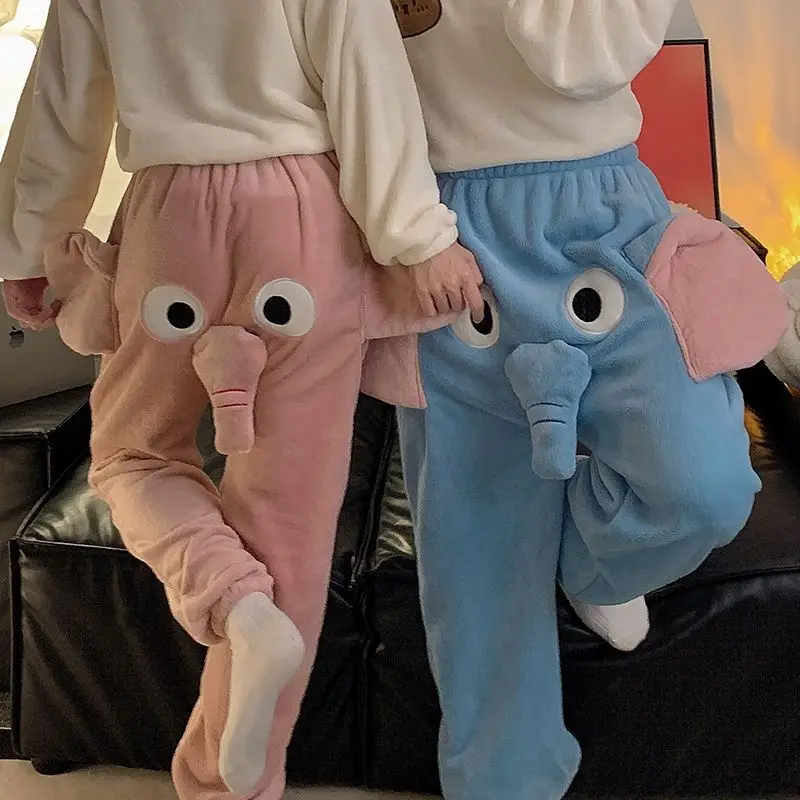 Elephant's Trunk Cute Cartoon Sweatpants Soft Warm Flannel Velvet Winter Long Pants Harajuku Couples Kawaii Trousers Casual Mens