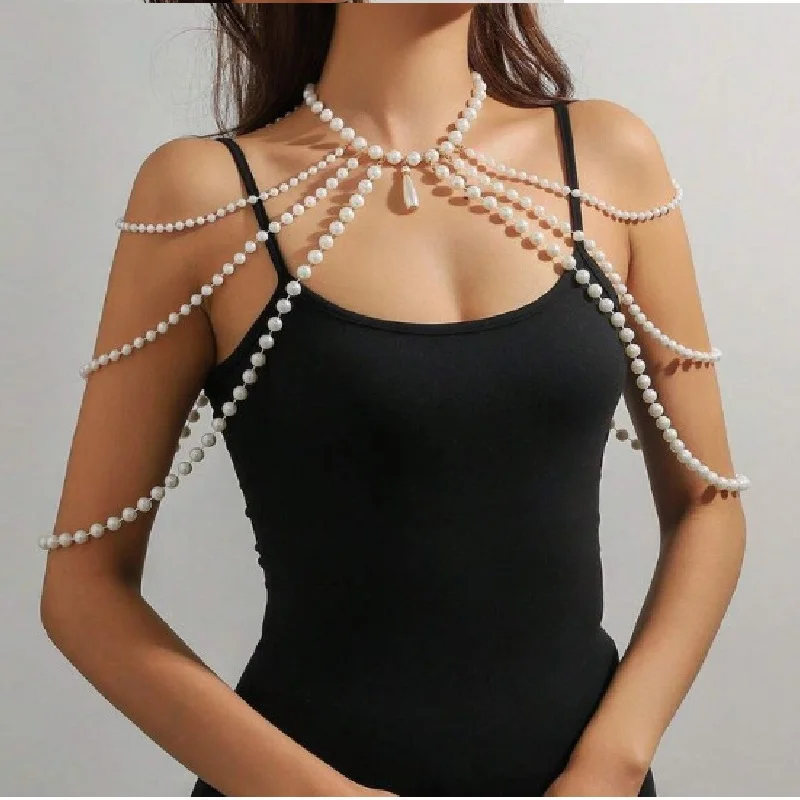 

European French Ins Chic Handmake Beading Pearls Shawl Elegant Ladies Halter Chains Tops Woman Party Celibrity Accessories