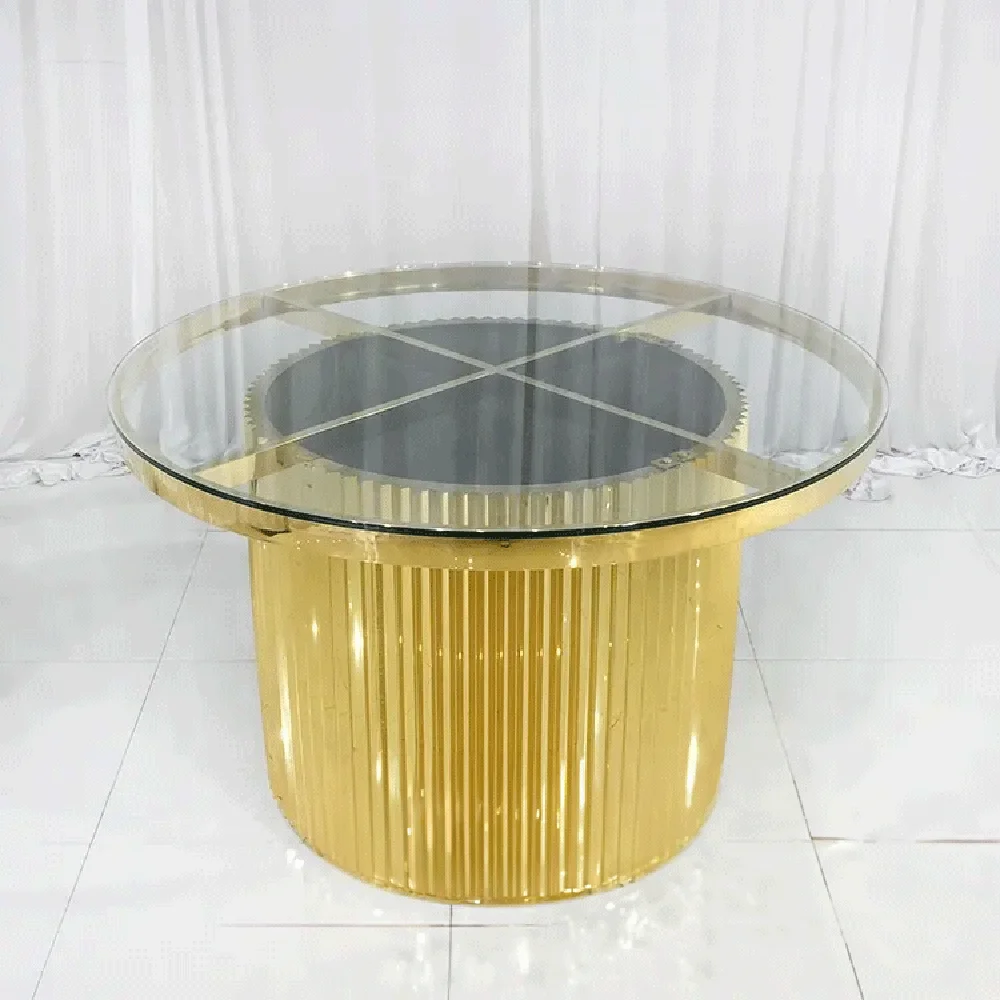 New design latest wedding gold stainless steel round side round glass top cake tables for wedding event