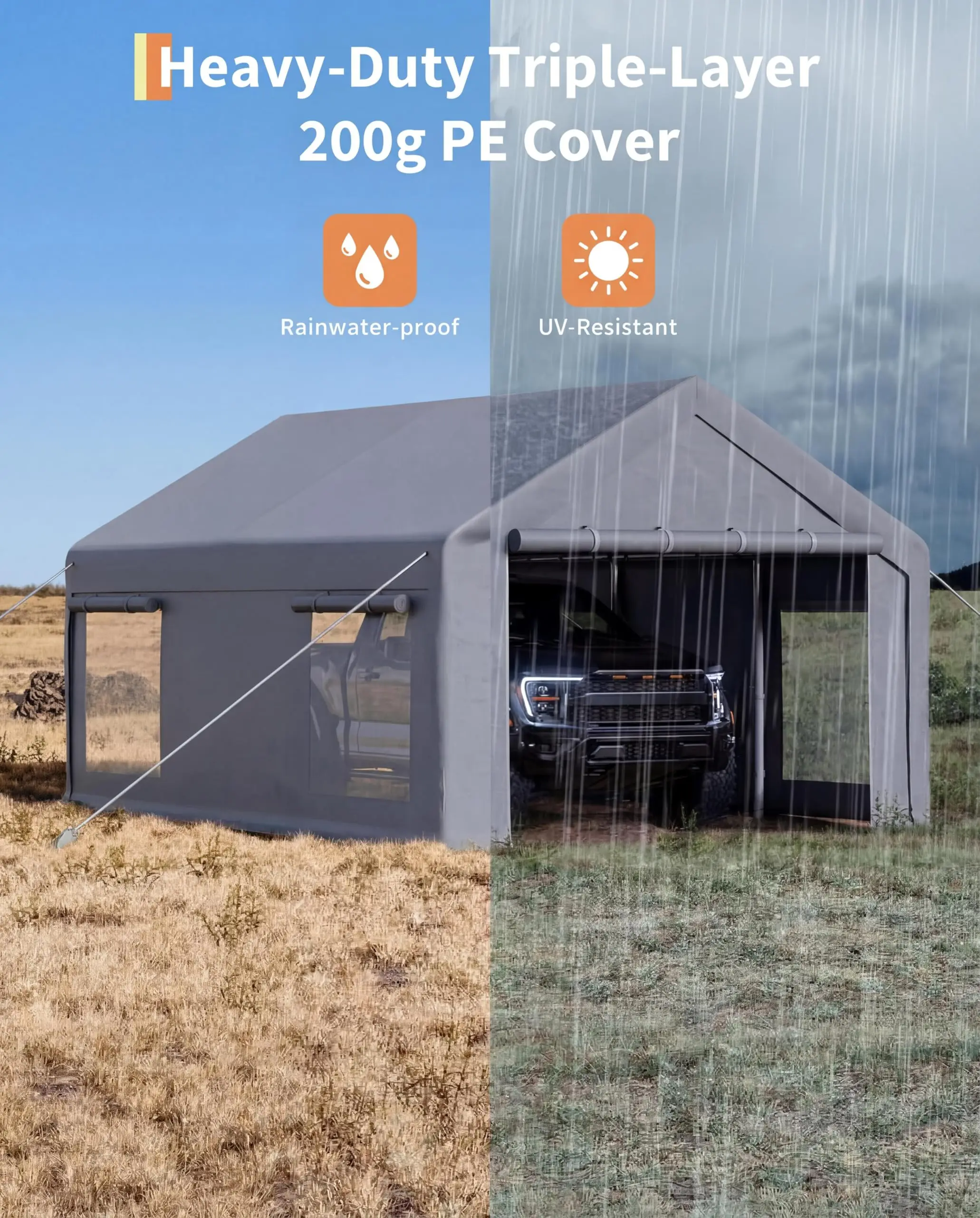 12x20 ft Portable Garage Carport, 200g PE Canopy with 2 Roll-Up Doors & 4 Windows, Multi Use Shelter for Pickups Boats Paint Booth Event view 3