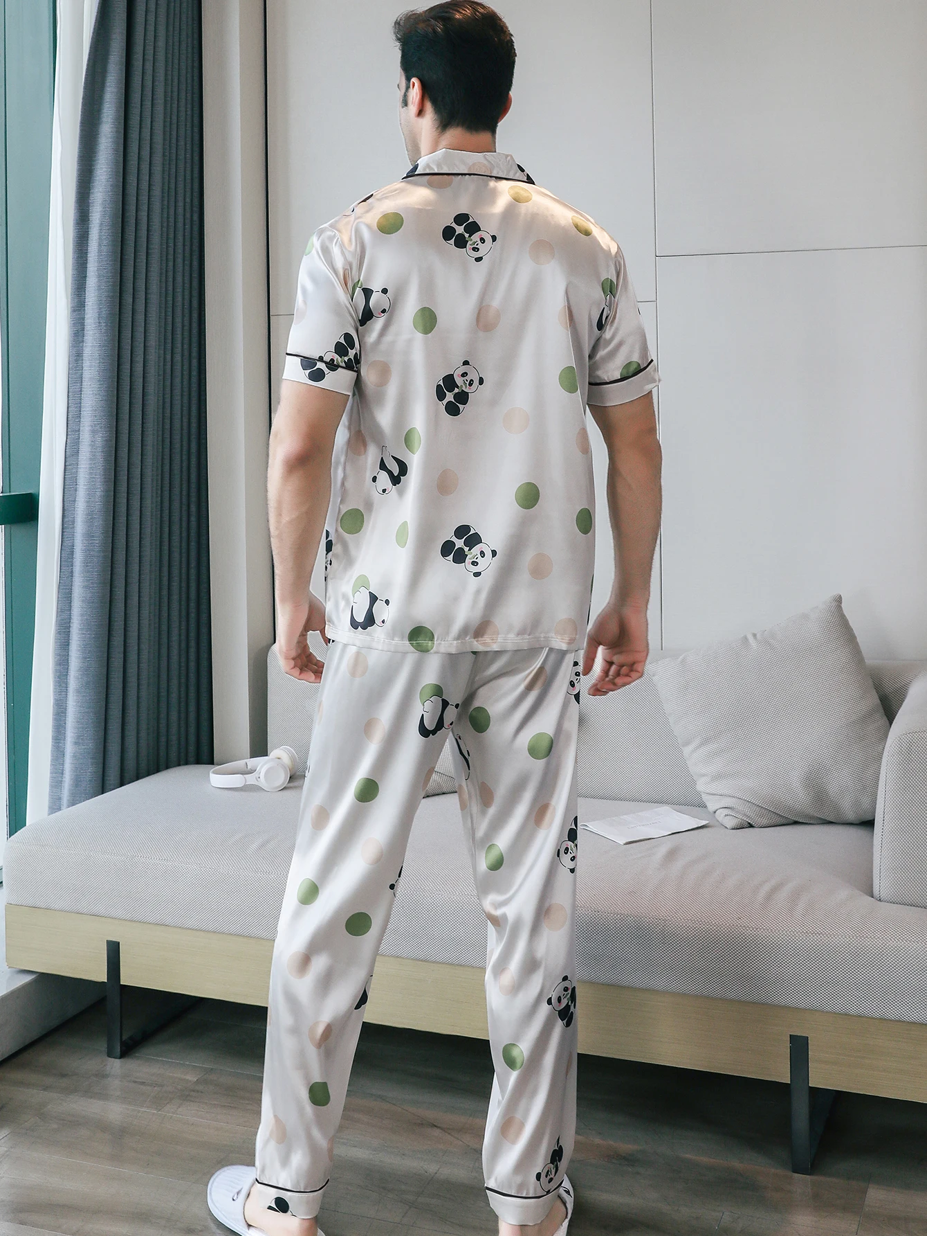 Two piece sets men's sleepwear summer short sleeved pants with panda pattern printed home clothes sleepwear set