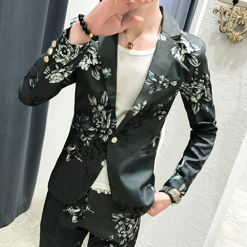 Chaquetas y pantalones para hombre, Blazers de negocios estampados de primavera, traje informal ajustado de dos piezas, S-3XL de vestido de novia