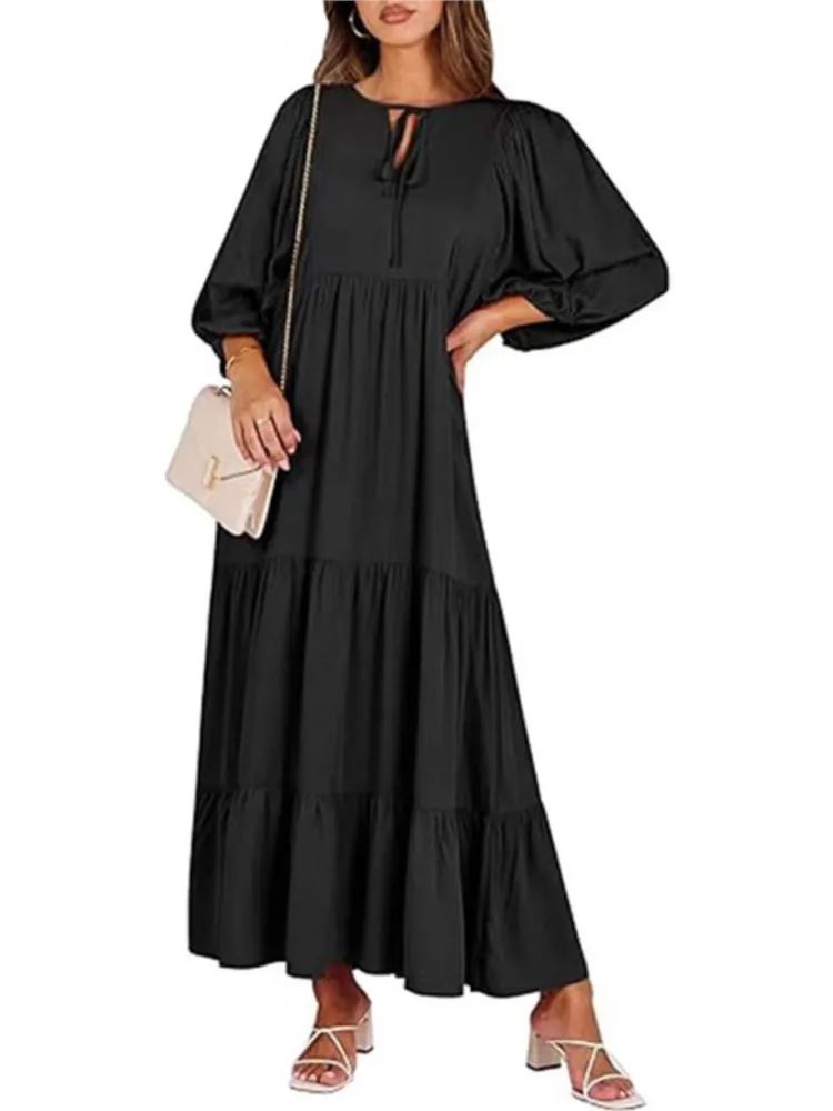 Robe imprimée géométrique pour femme, manches trois quarts, manches bouffantes, col en V sexy, robe de rinçage à lacets, nouvelle mode, automne 2024