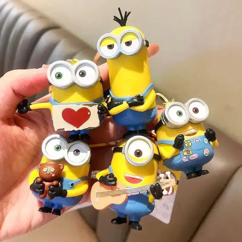 New Minions Kevin Bob Keychain Cartoon Toys Model Silicone Pendant Keyring Cosplay Car Backpack Key Holder Accessories Kid Gifts